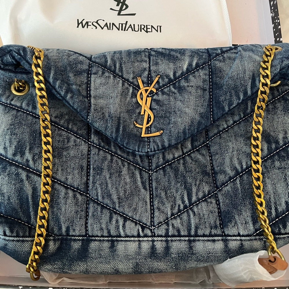 Denim puffer YSL dupe shoulder bag. Gold chain with tan leather straps. New.